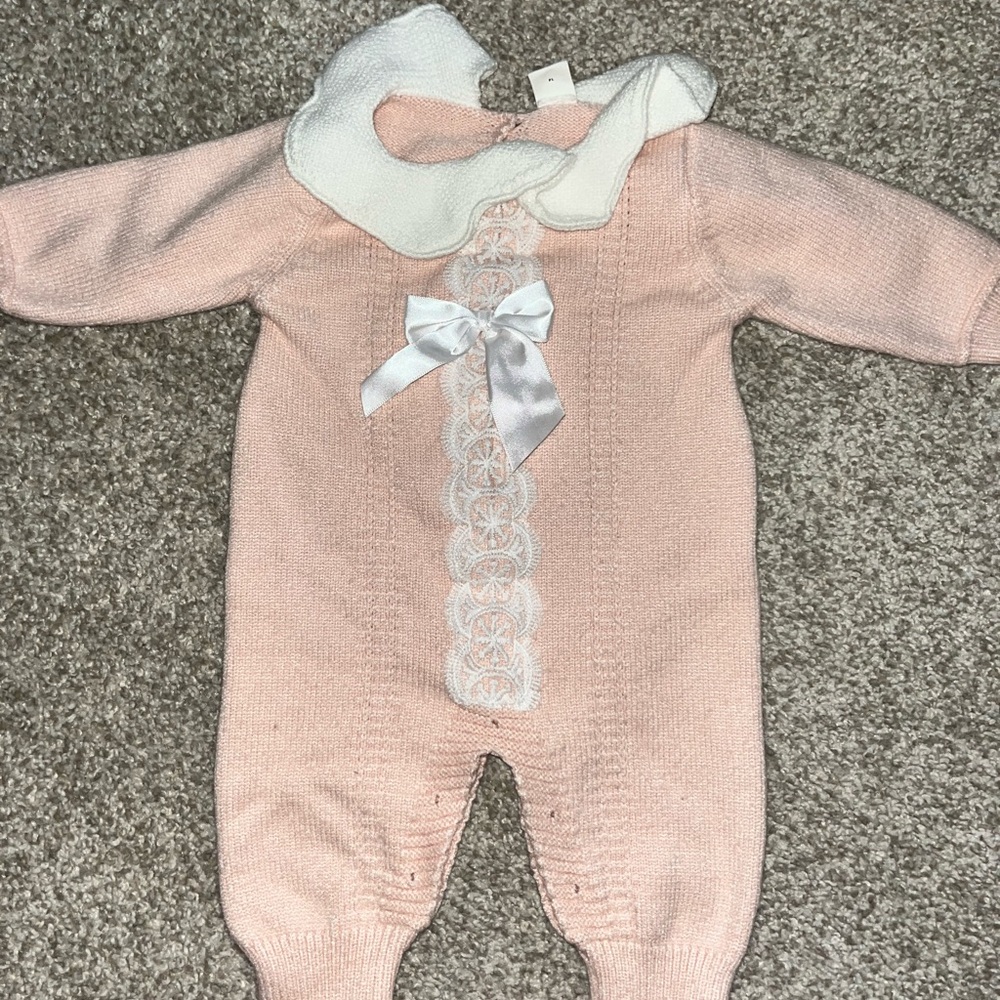 Pink Knit Baby One Piece with White Collar